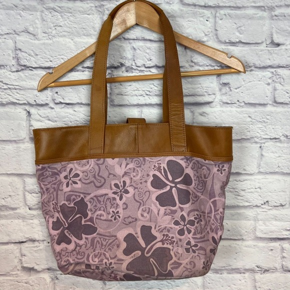 LL Bean Vintage 90s Purple Floral Hawaiian Canvas and Leather Tote Bag Y2K EUC - Picture 9 of 11